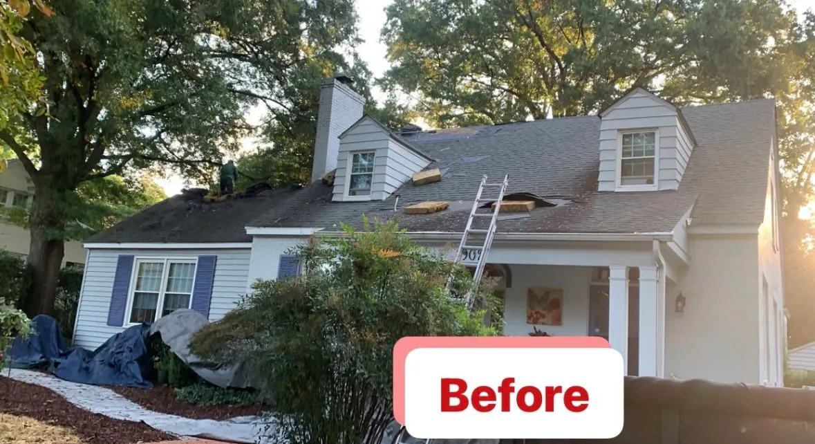 A Greensboro cape cod with its worn storm damaged roof, labeled before