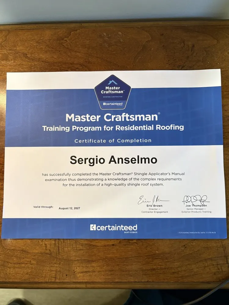 CertainTeed Master Craftsman certificate of completion for Sergio Anselmo
