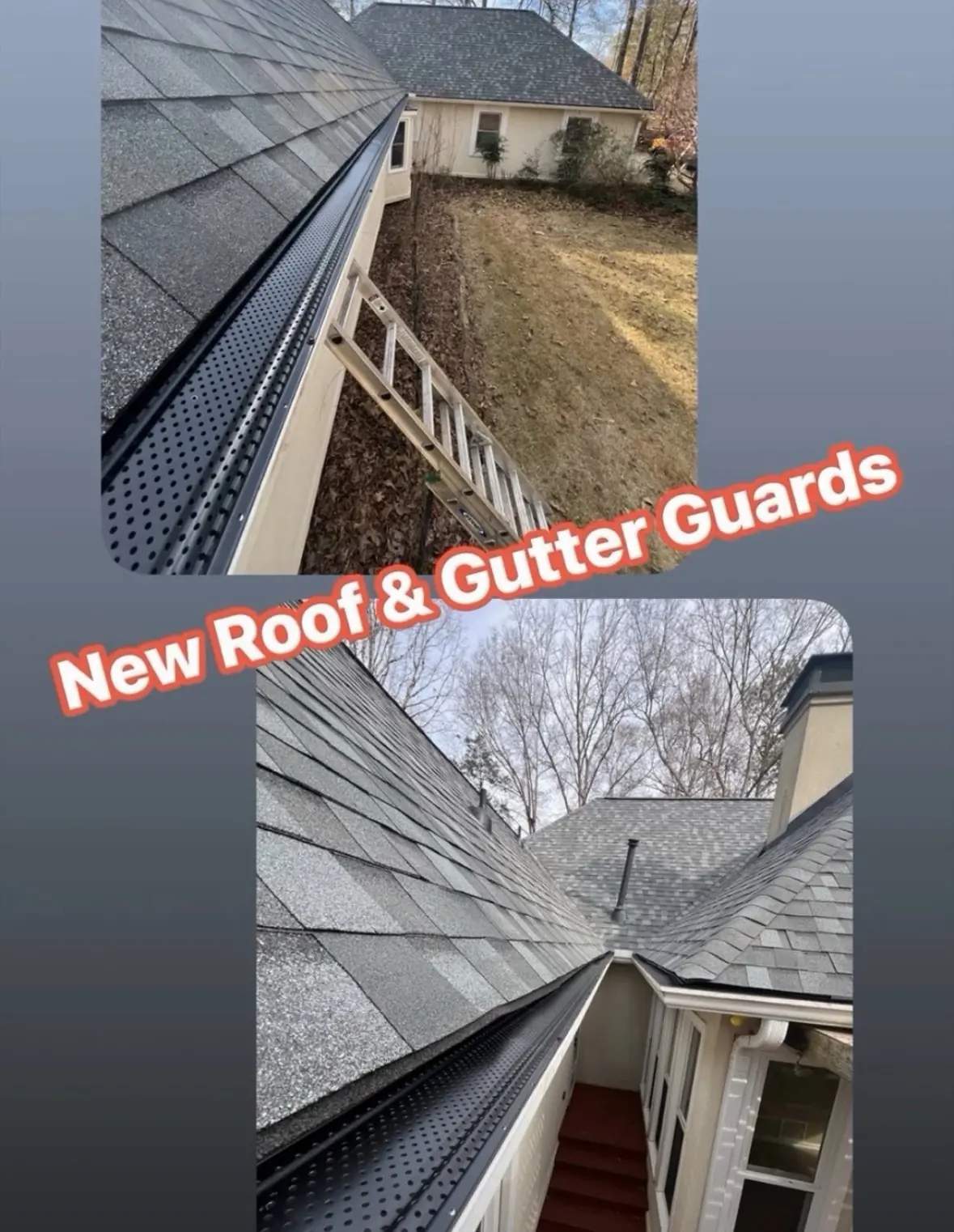 Set of photos showing gutter guards being fitted onto a gutter run