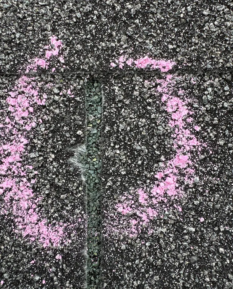 A pink chalk circle drawn around a creased spot on dark asphalt shingles